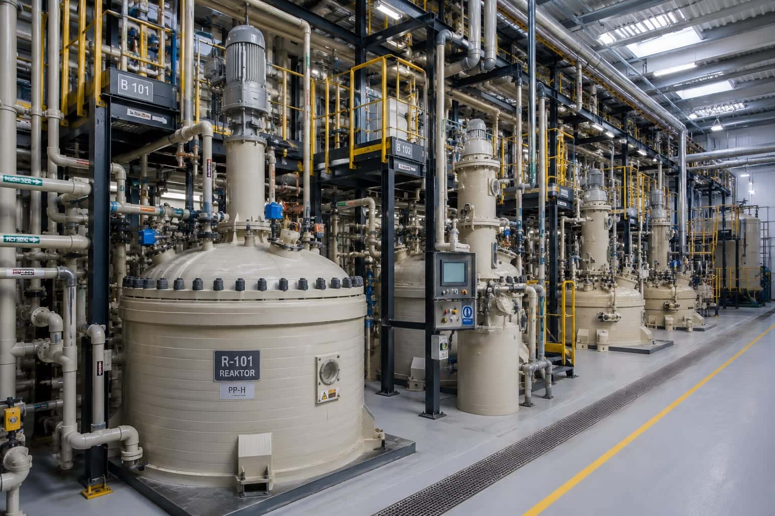 Chemieanlage mit Tanks und Kunststoff-Rohrleitungen