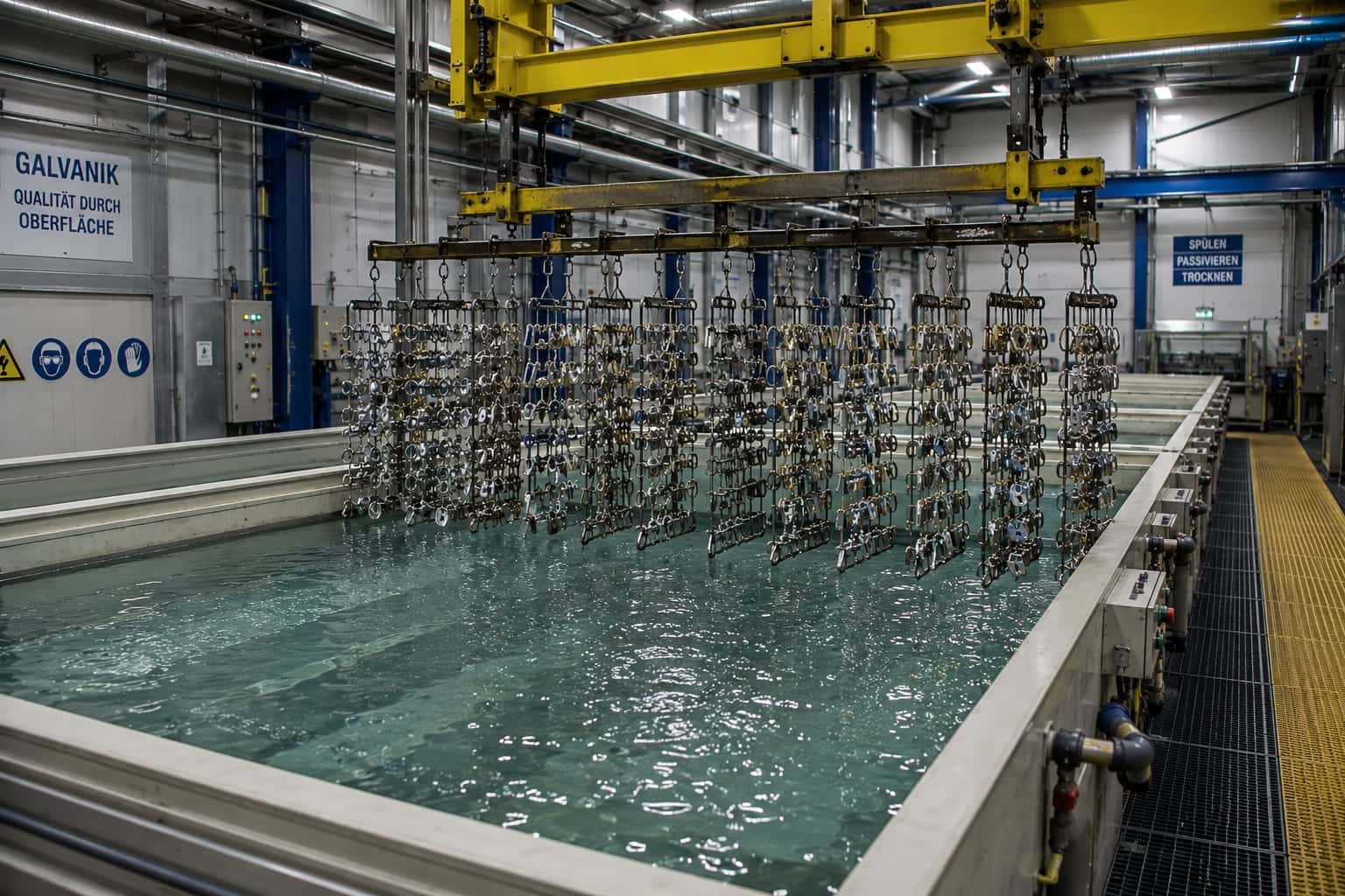 Metallteile an Warenträgern über einem Galvanik-Tauchbecken