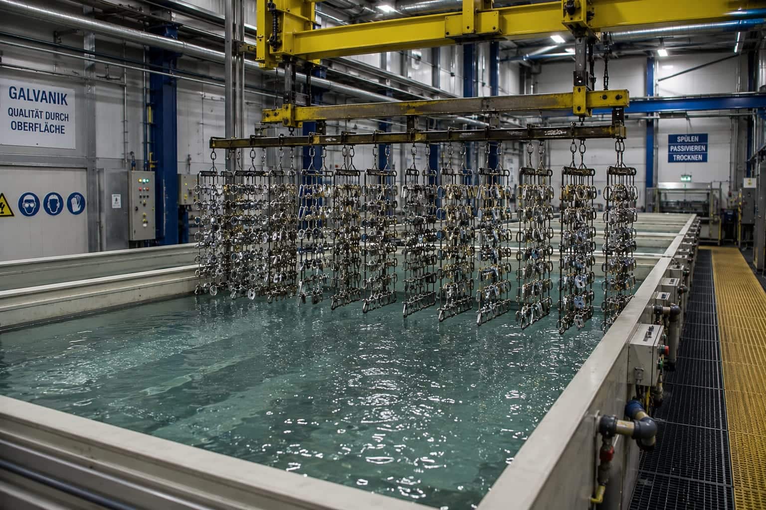 Metallteile an Warenträgern über einem Galvanik-Tauchbecken