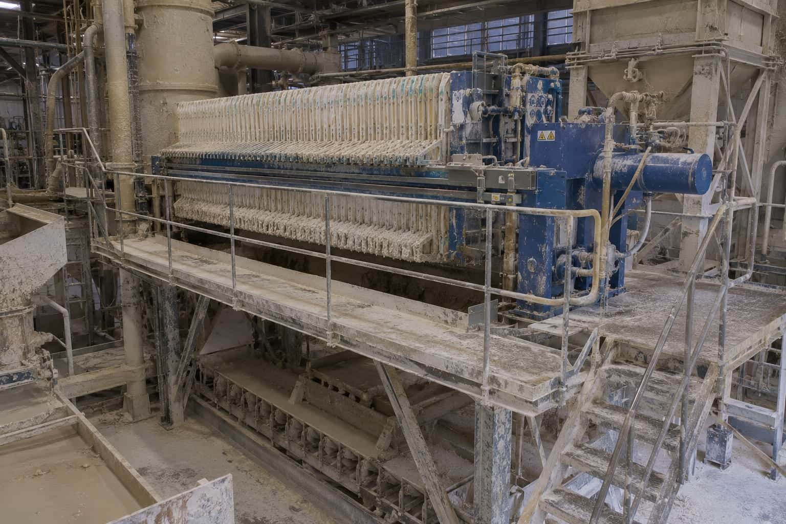 Filterpresse in der Keramikherstellung mit hellem Tonschlicker