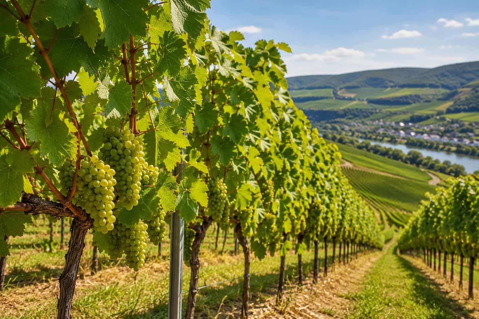Weinberg mit reifen Trauben über einem Flusstal