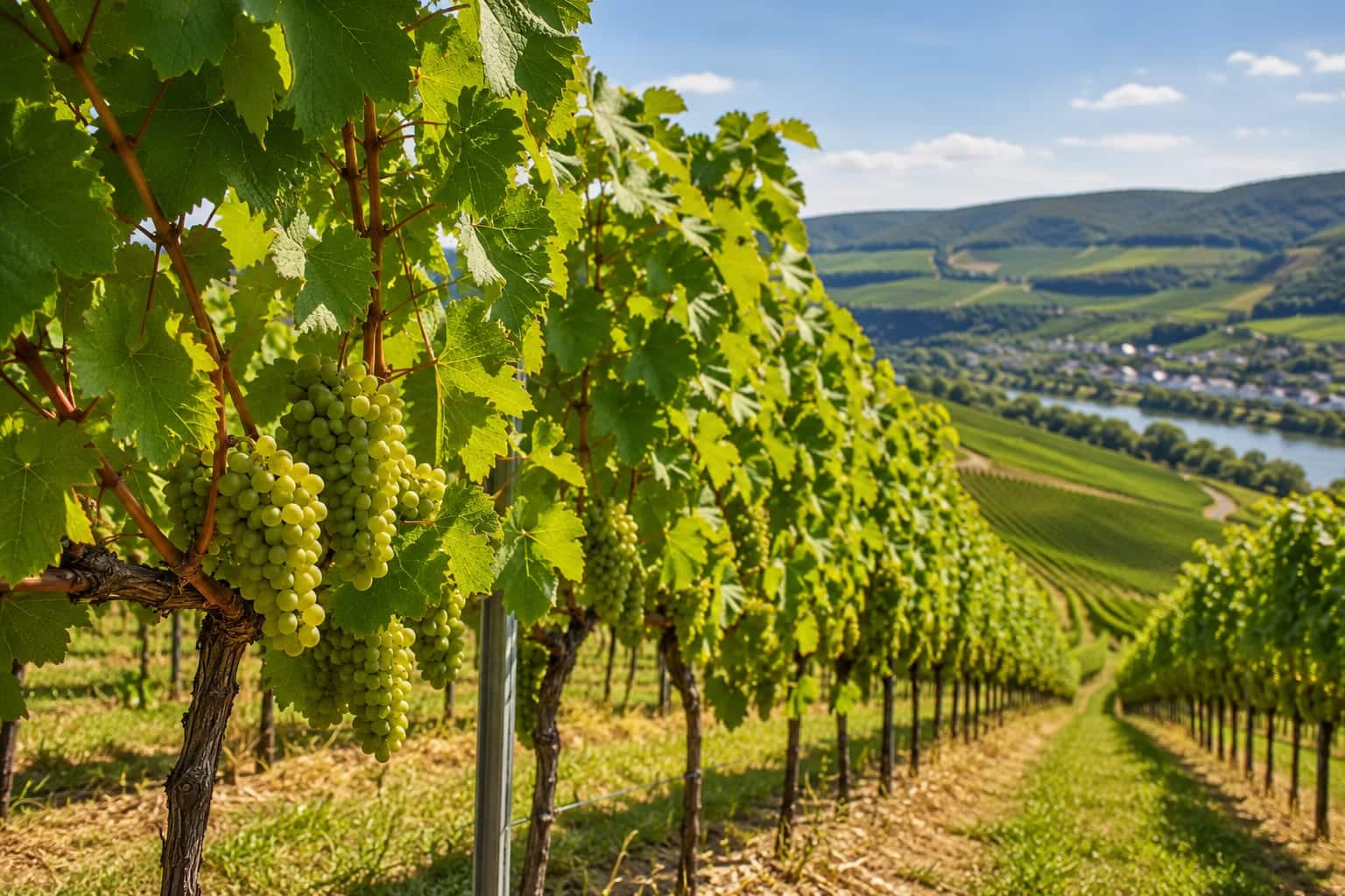 Weinberg mit reifen Trauben über einem Flusstal